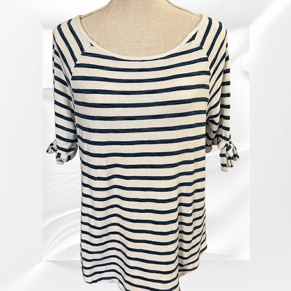 Jane & Delancey Med Elbow Sleeve Blue Stripe Top, Open Peep Shoulder w/ Bow